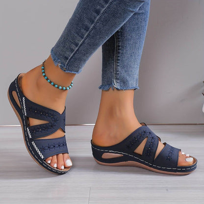 Women's Sandals | Punched Floral Panels, Low Wedge