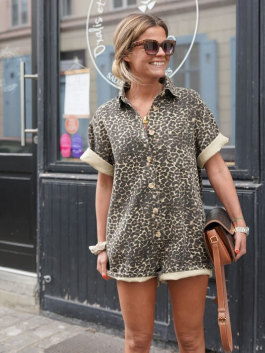 Women's Short Jumpsuit | Button Through Leopard Playsuit