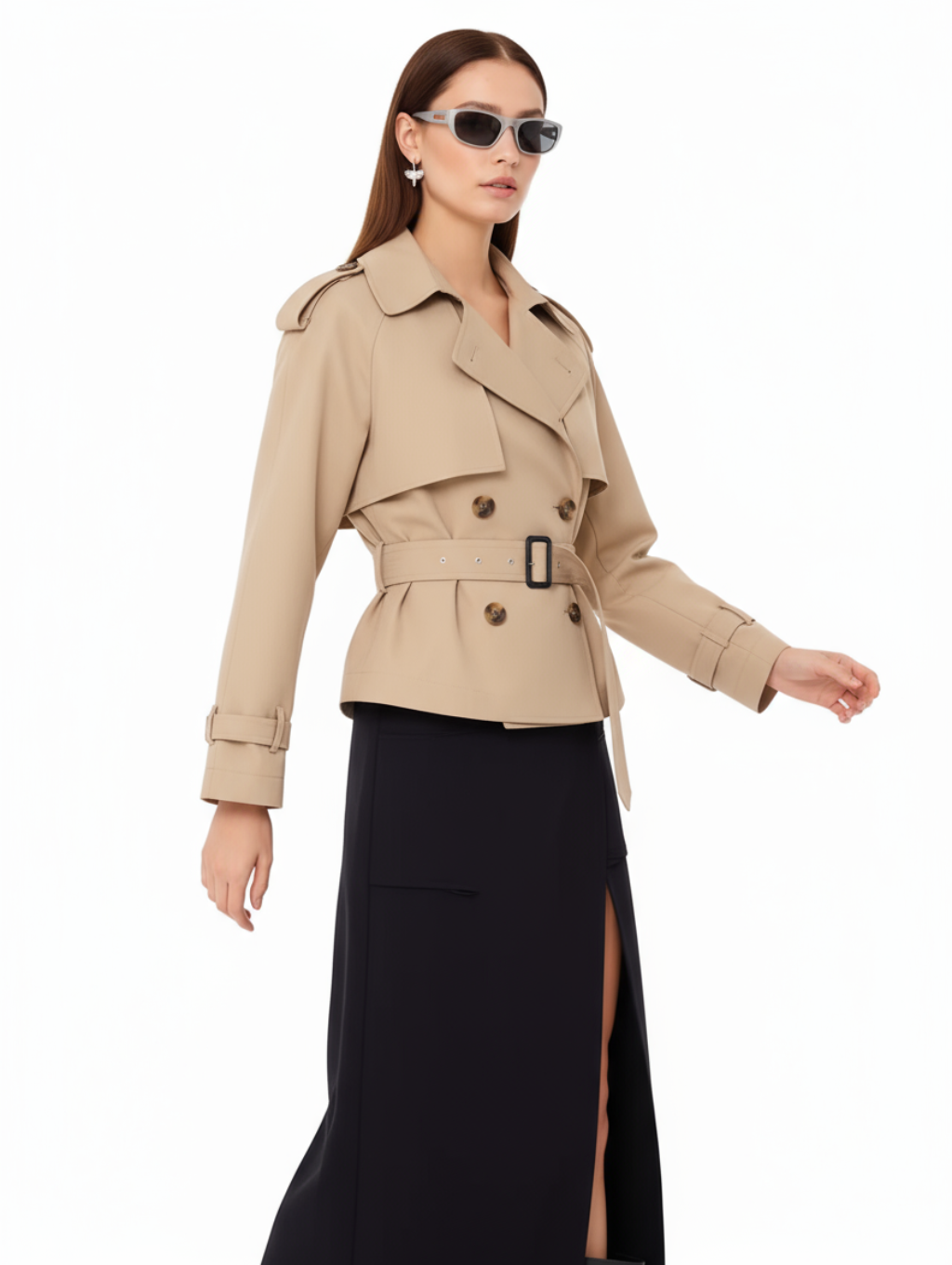 Women's Short Trench Coat | Double Breasted, Belted Waist