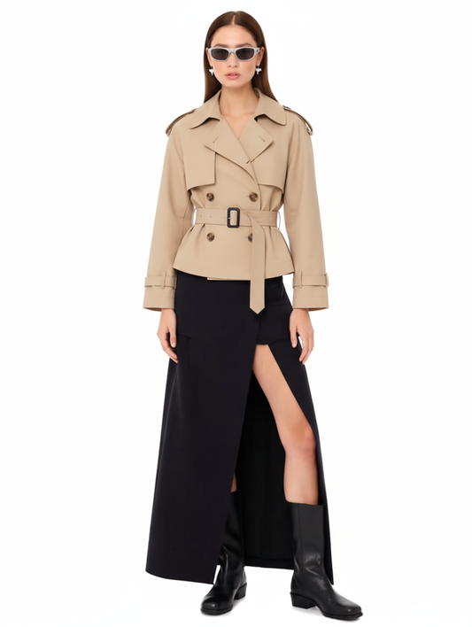 Women's Short Trench Coat | Double Breasted, Belted Waist