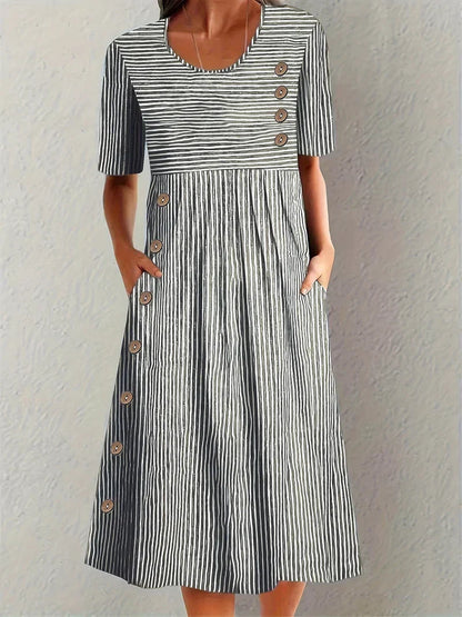 Women's Summer Dress | Striped Button-Trim Midi