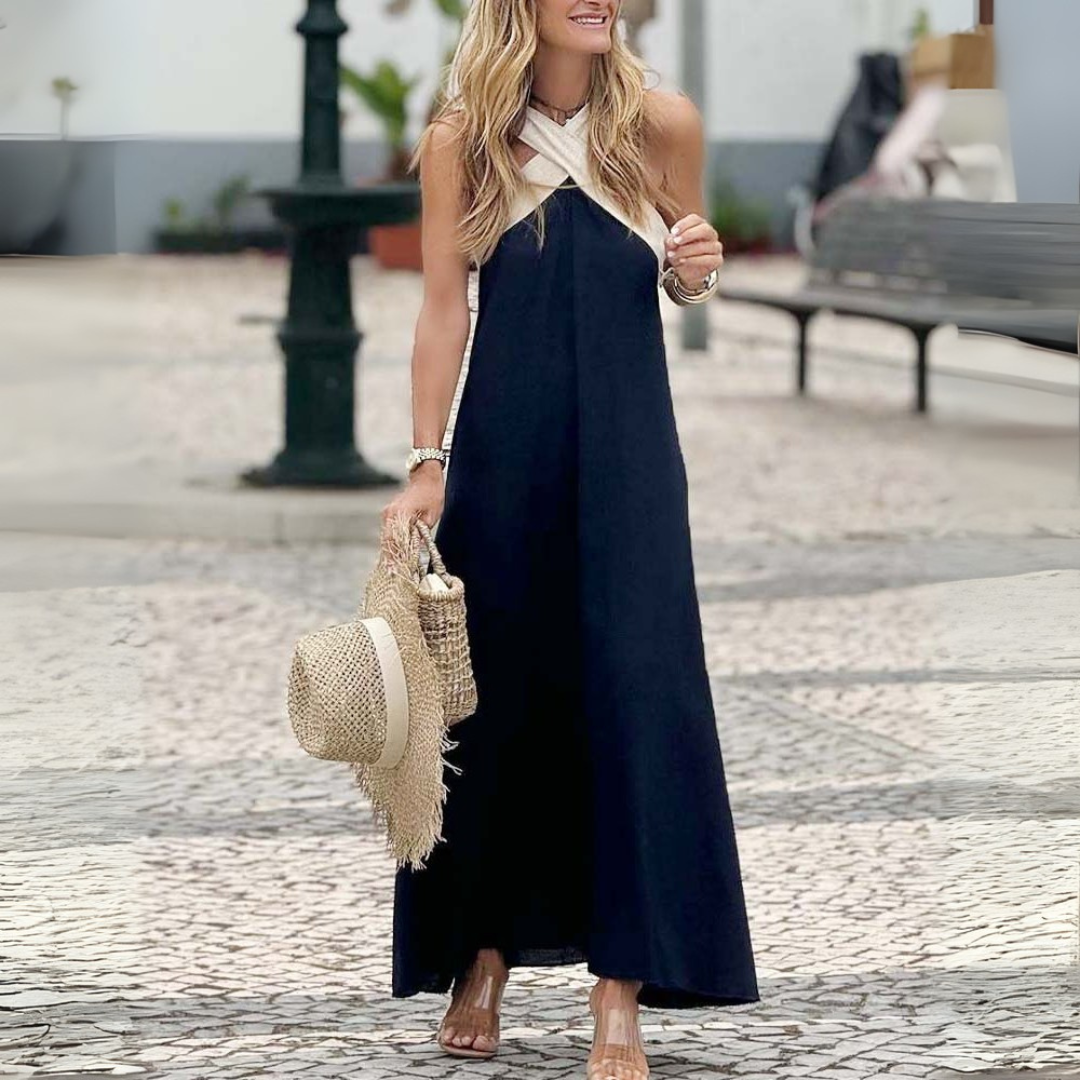 Women's Summer Maxi Dress | Cross Neck Color Block