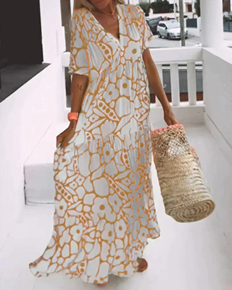 Women's Summer Maxi Dress | Floral Print V-Neck & Flutter Sleeves