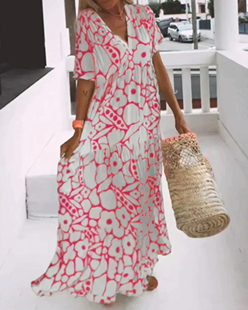 Women's Summer Maxi Dress | Floral Print V-Neck & Flutter Sleeves
