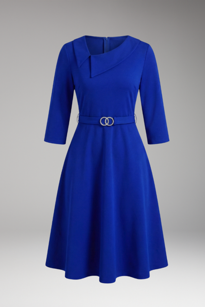 Women's Summer Midi Dress | Asymmetric Neckline & Belted Waist 3/4 Sleeve