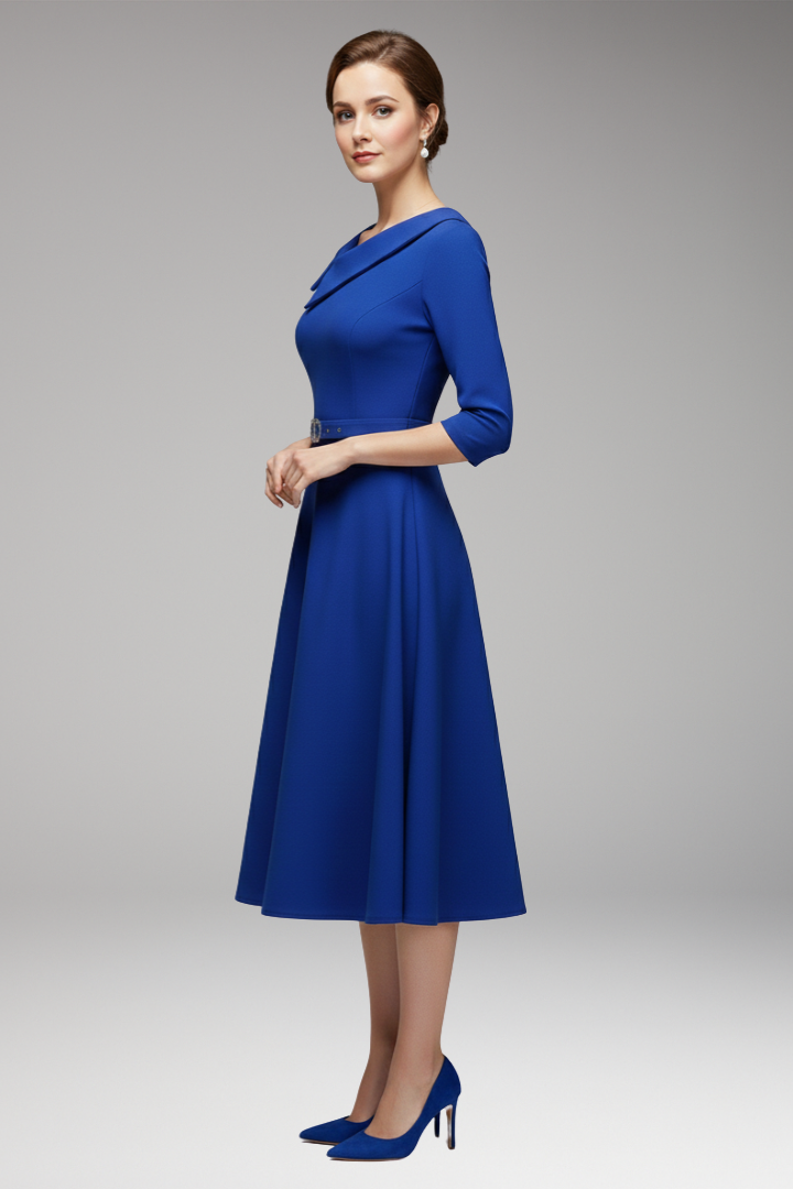 Women's Summer Midi Dress | Asymmetric Neckline & Belted Waist 3/4 Sleeve
