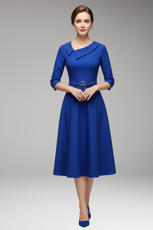 Women's Summer Midi Dress | Asymmetric Neckline & Belted Waist 3/4 Sleeve