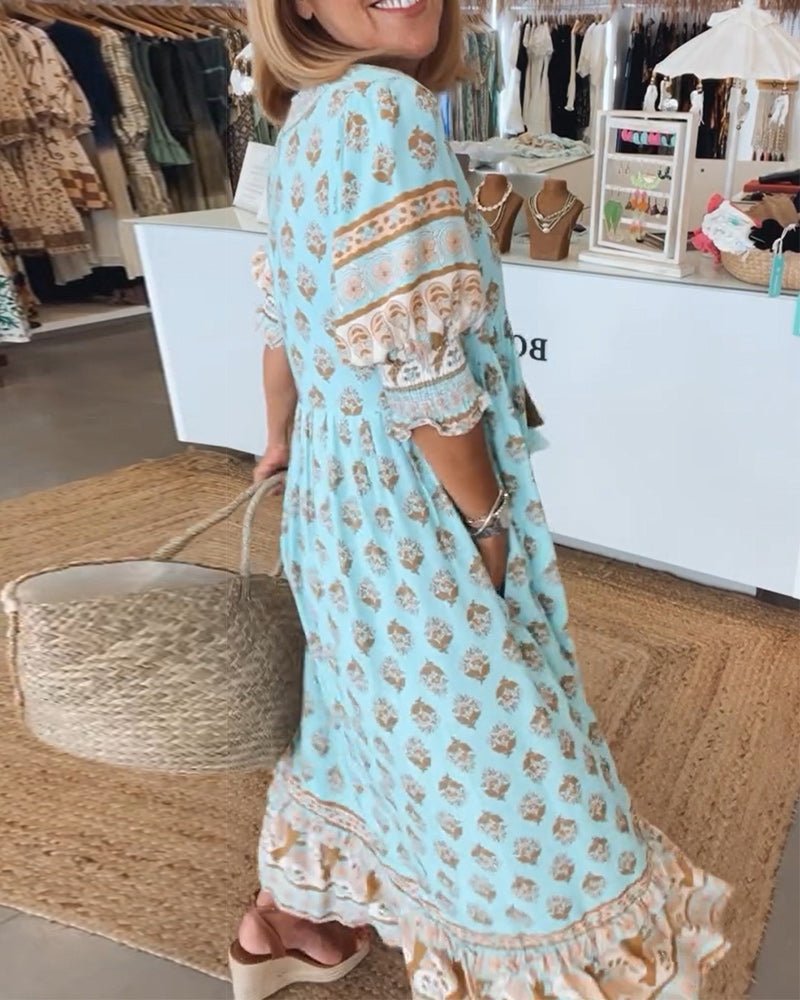 Women's Summer Midi Dress | Boho Print & Tassel Tie Flowing Style