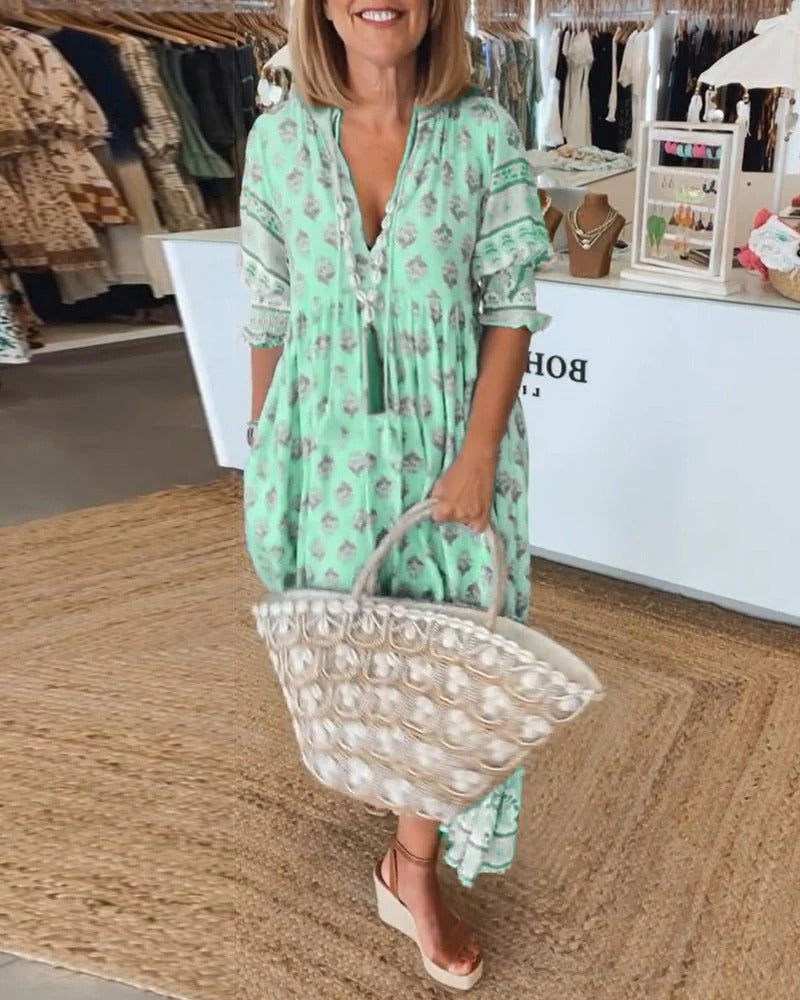 Women's Summer Midi Dress | Boho Print & Tassel Tie Flowing Style