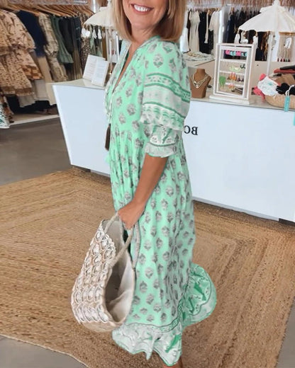 Women's Summer Midi Dress | Boho Print & Tassel Tie Flowing Style