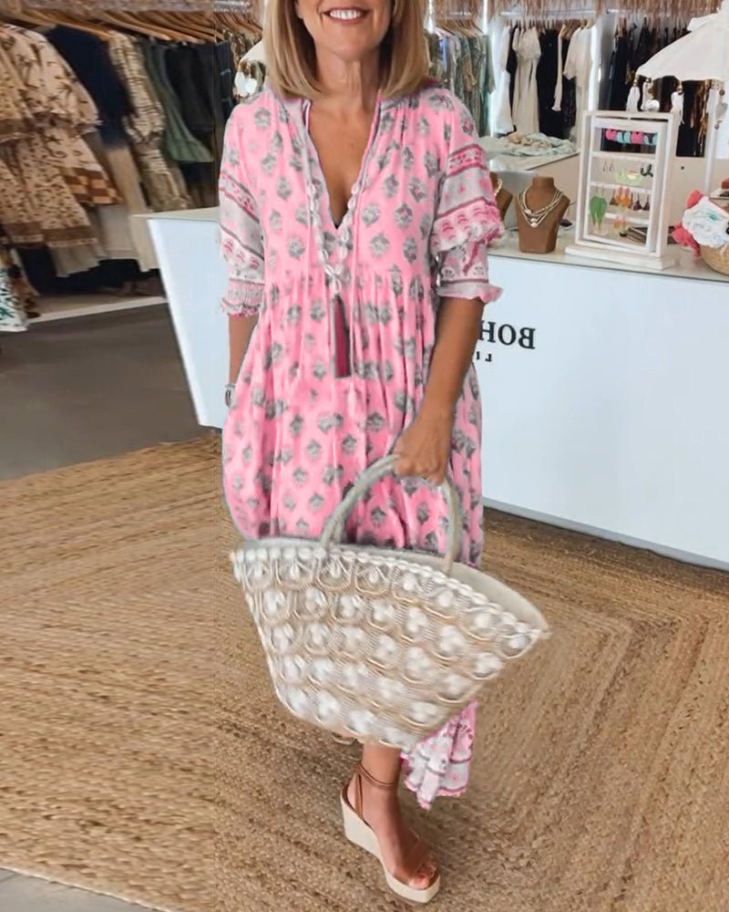 Women's Summer Midi Dress | Boho Print & Tassel Tie Flowing Style