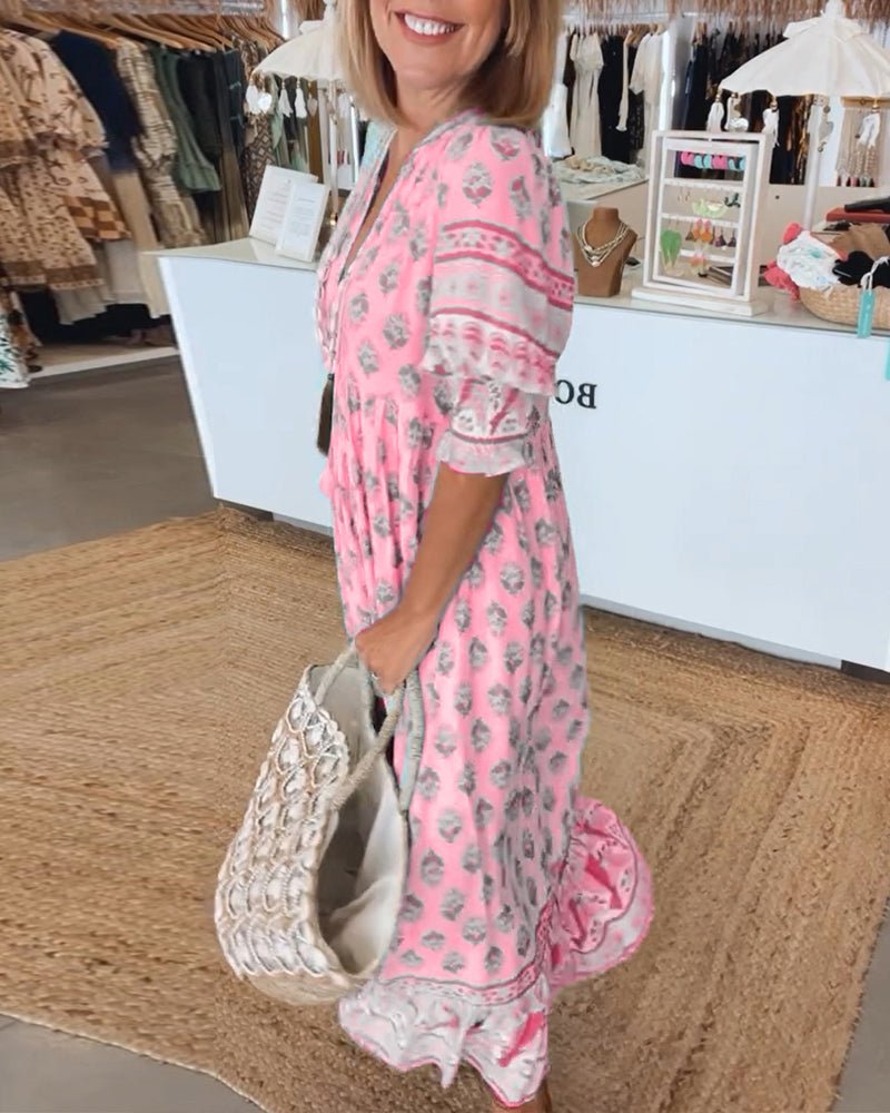 Women's Summer Midi Dress | Boho Print & Tassel Tie Flowing Style