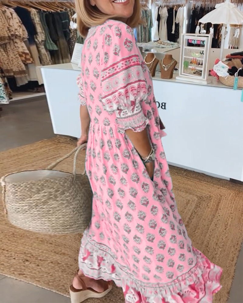 Women's Summer Midi Dress | Boho Print & Tassel Tie Flowing Style