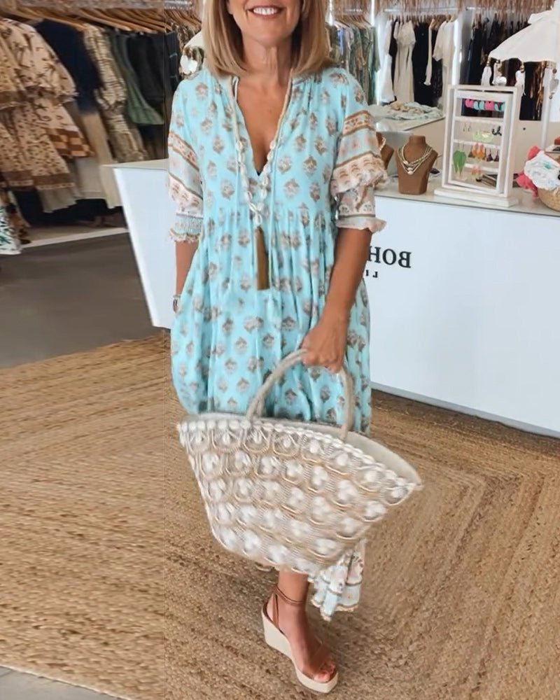 Women's Summer Midi Dress | Boho Print & Tassel Tie Flowing Style