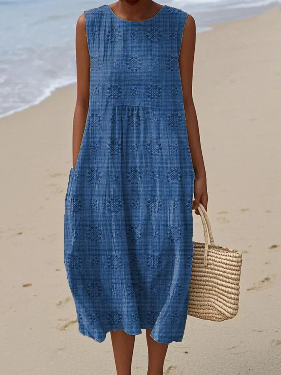 Women's Summer Midi Dress | Embroidered Sleeveless Beach Dress