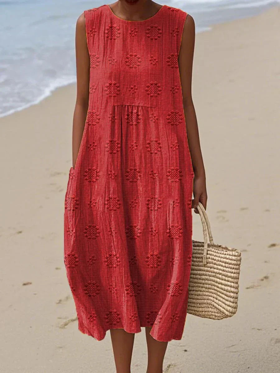 Women's Summer Midi Dress | Embroidered Sleeveless Beach Dress