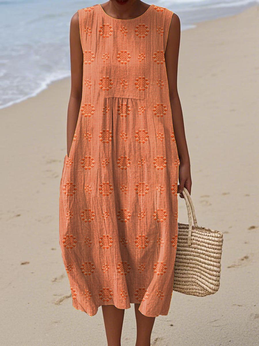 Women's Summer Midi Dress | Embroidered Sleeveless Beach Dress