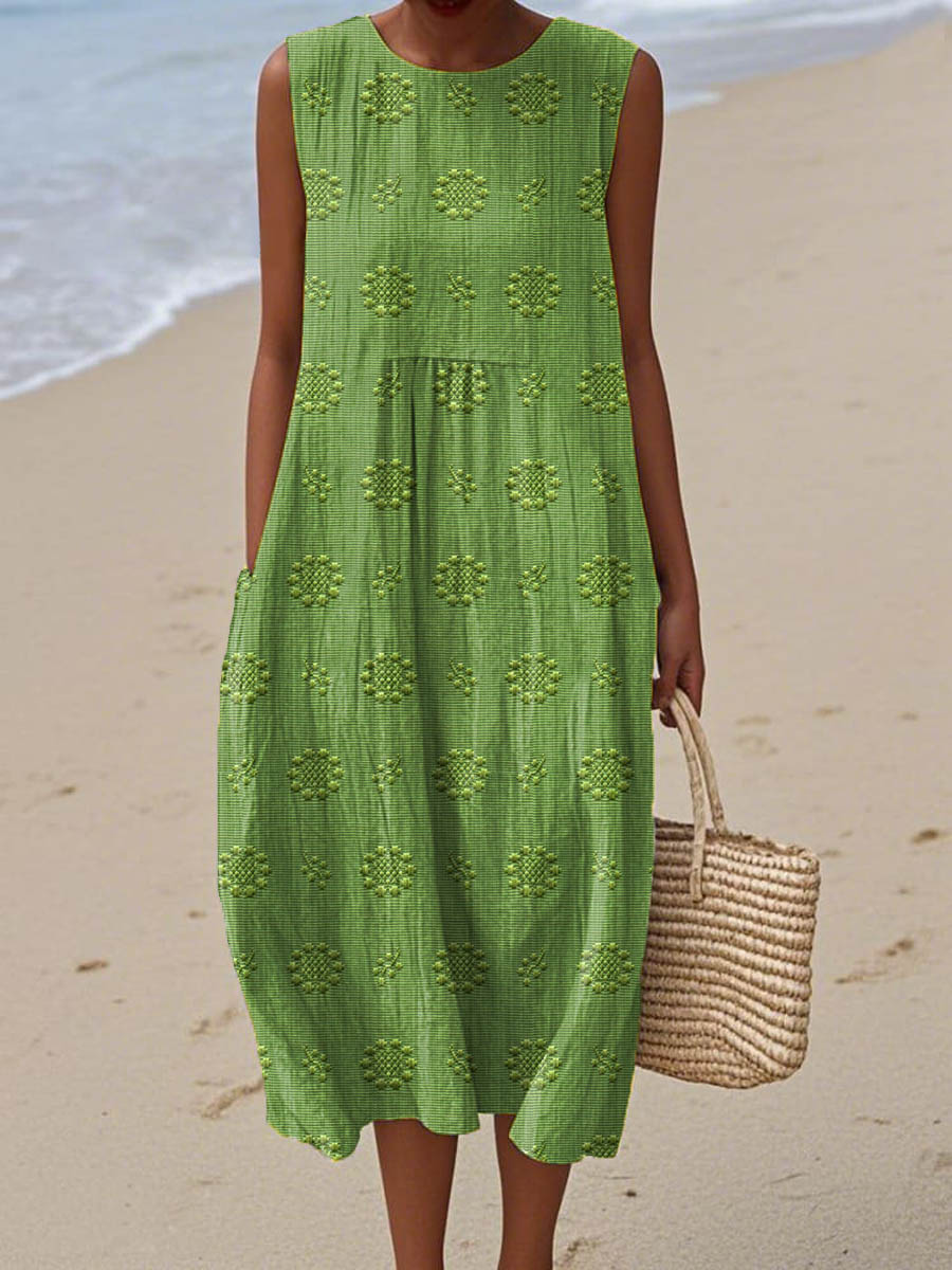 Women's Summer Midi Dress | Embroidered Sleeveless Beach Dress