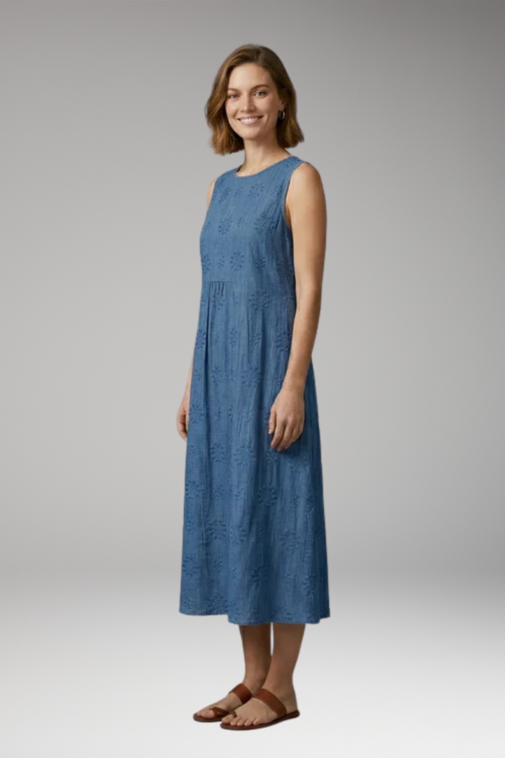 Women's Summer Midi Dress | Floral Embroidery Round Neck & Pockets