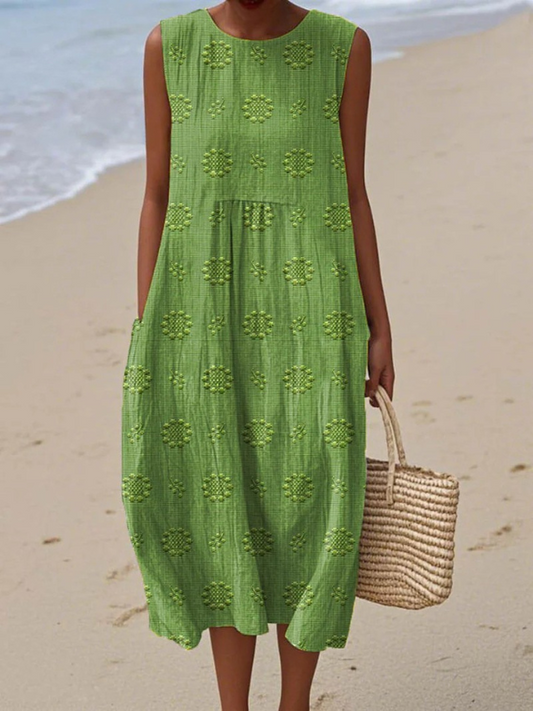 Women's Summer Midi Dress | Sleeveless Embroidered Pattern