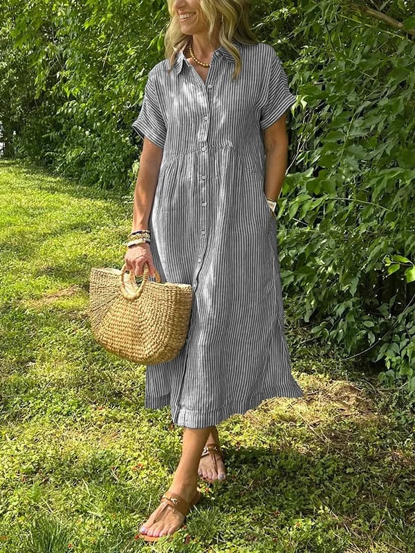 Women's Summer Midi Dress | Striped Button-Up & Collared Neckline
