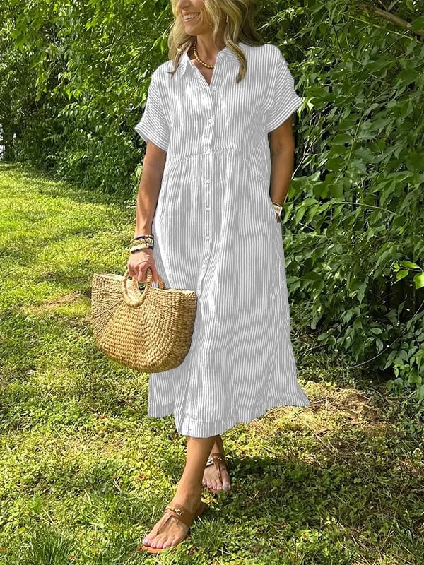 Women's Summer Midi Dress | Striped Button-Up & Collared Neckline