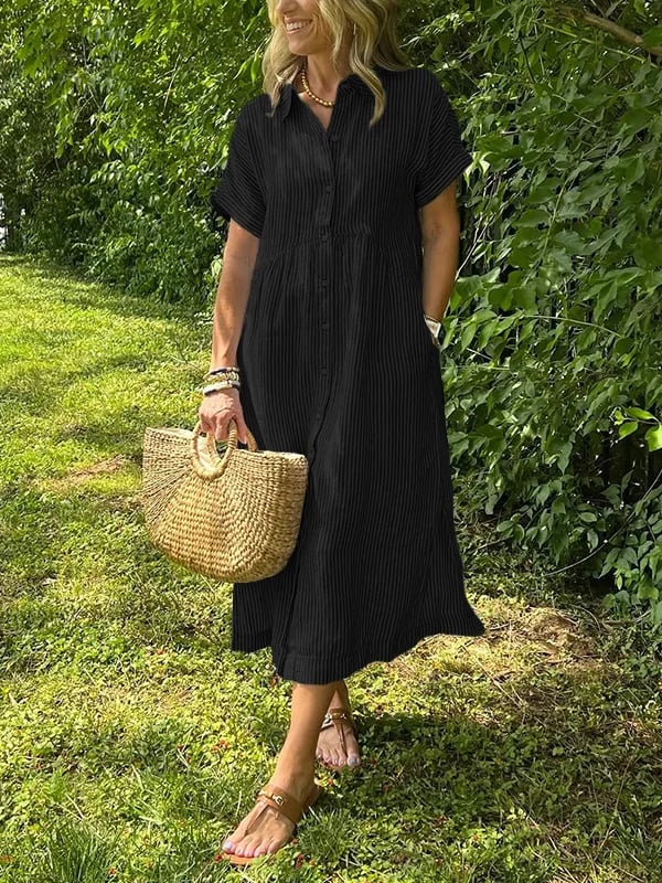 Women's Summer Midi Dress | Striped Button-Up & Collared Neckline