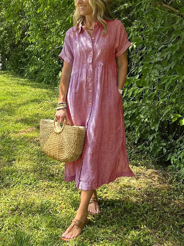 Women's Summer Midi Dress | Striped Button-Up & Collared Neckline