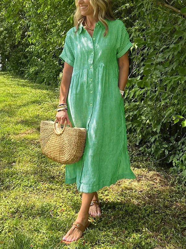 Women's Summer Midi Dress | Striped Button-Up & Collared Neckline