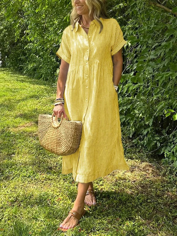 Women's Summer Midi Dress | Striped Button-Up & Collared Neckline