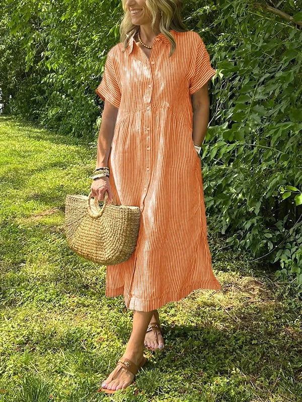 Women's Summer Midi Dress | Striped Button-Up & Collared Neckline