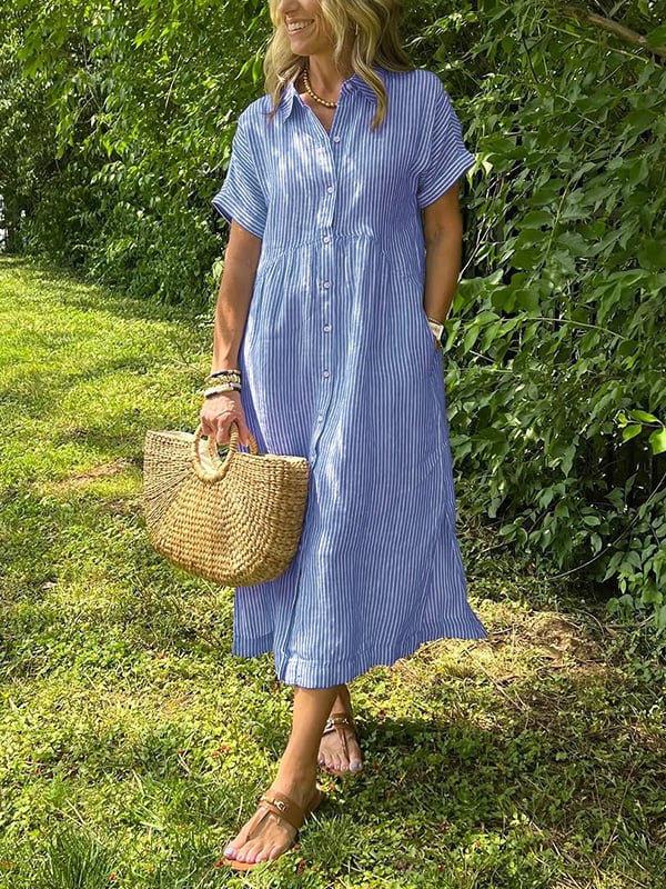 Women's Summer Midi Dress | Striped Button-Up & Collared Neckline