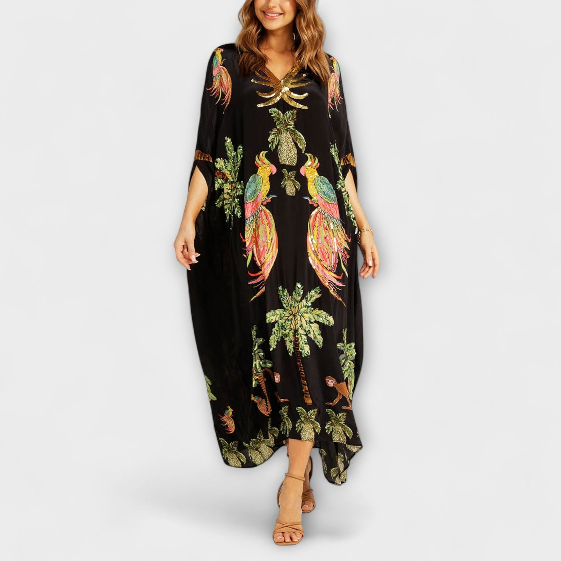 Women's Summer Midi Dress | Tropical Print & Sequin Detail