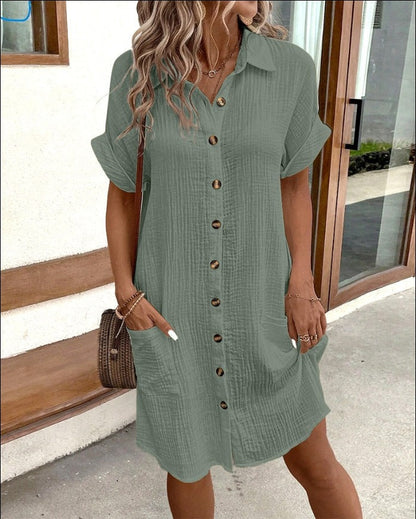 Women's Summer Mini Dress | Collared Button-Front with Pockets