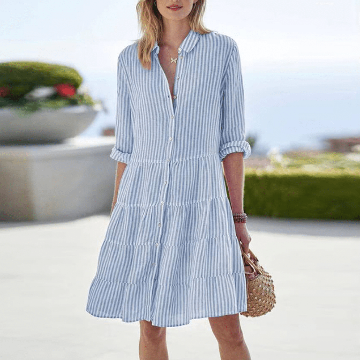 Women's Summer Mini Dress | Striped Tiered Skirt & Button-Front