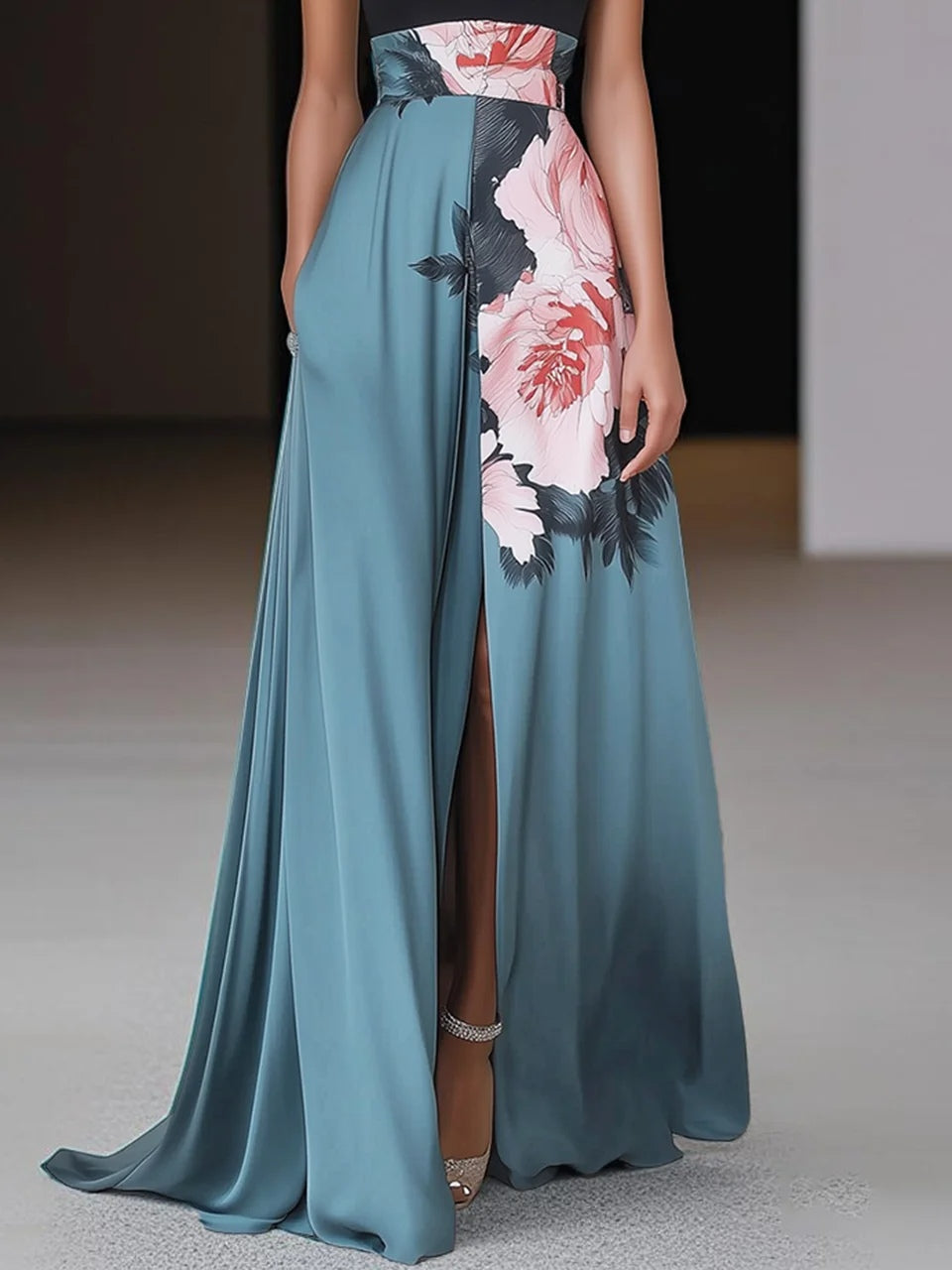 Women's Summer Sleeveless Maxi Dress | Floral Panel & Front Slit