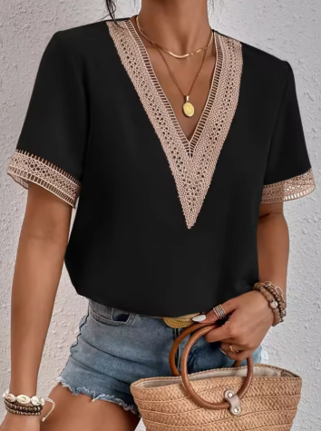 Women's Summer Top | Contrast Lace Trim Deep V Neck