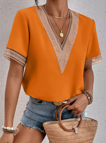 Women's Summer Top | Contrast Lace Trim Deep V Neck