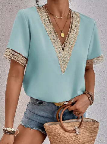 Women's Summer Top | Contrast Lace Trim Deep V Neck