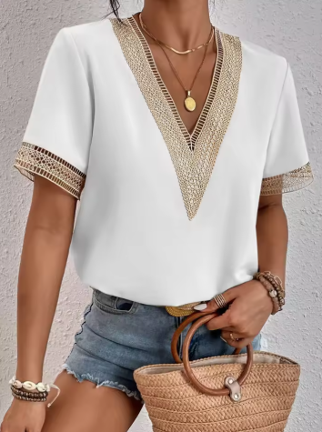 Women's Summer Top | Contrast Lace Trim Deep V Neck