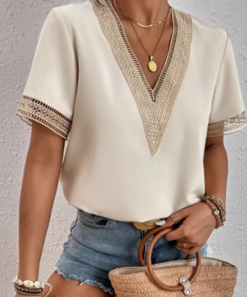 Women's Summer Top | Contrast Lace Trim Deep V Neck