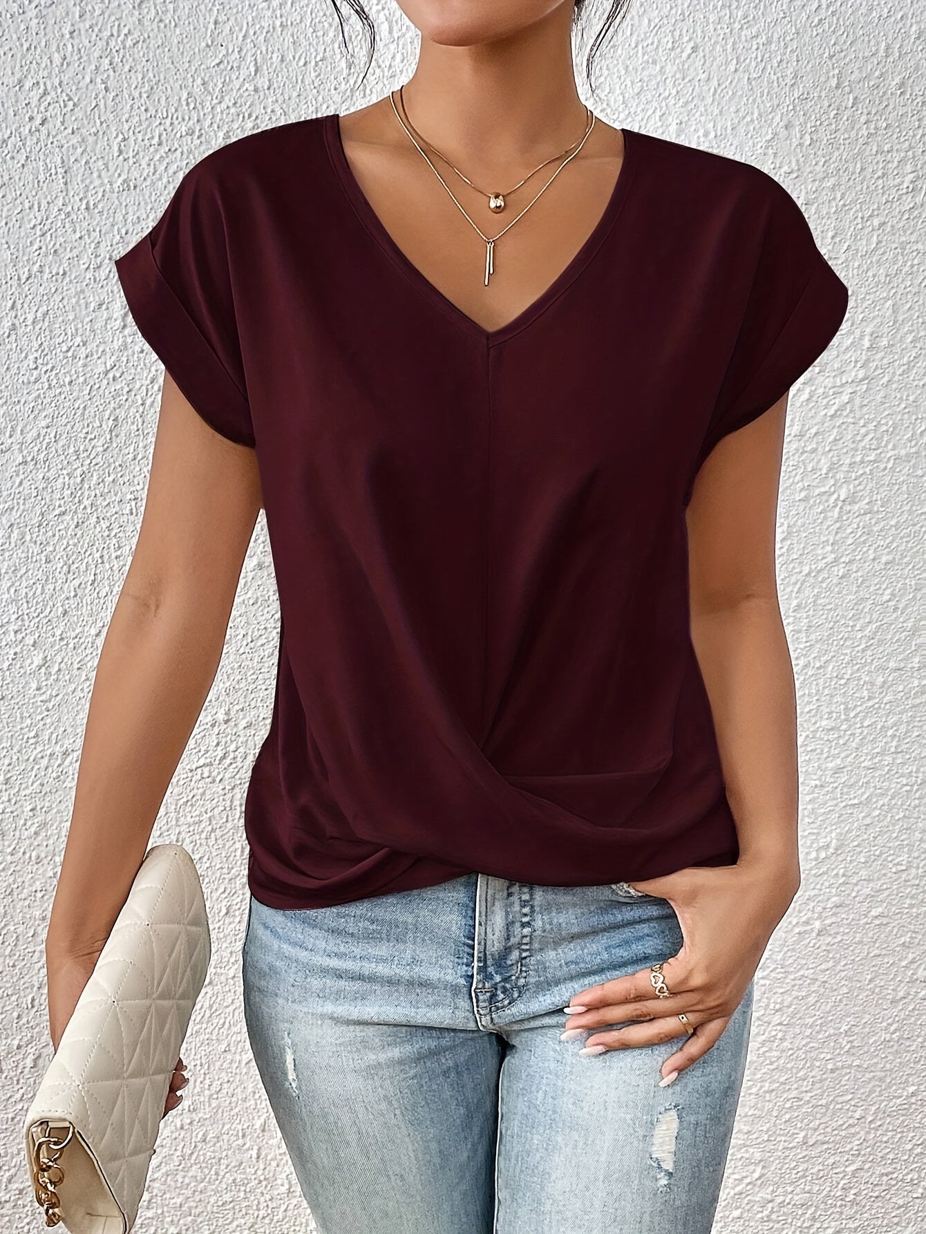Women's Summer Top | V Neck Twist Hem Dolman Sleeve Tee