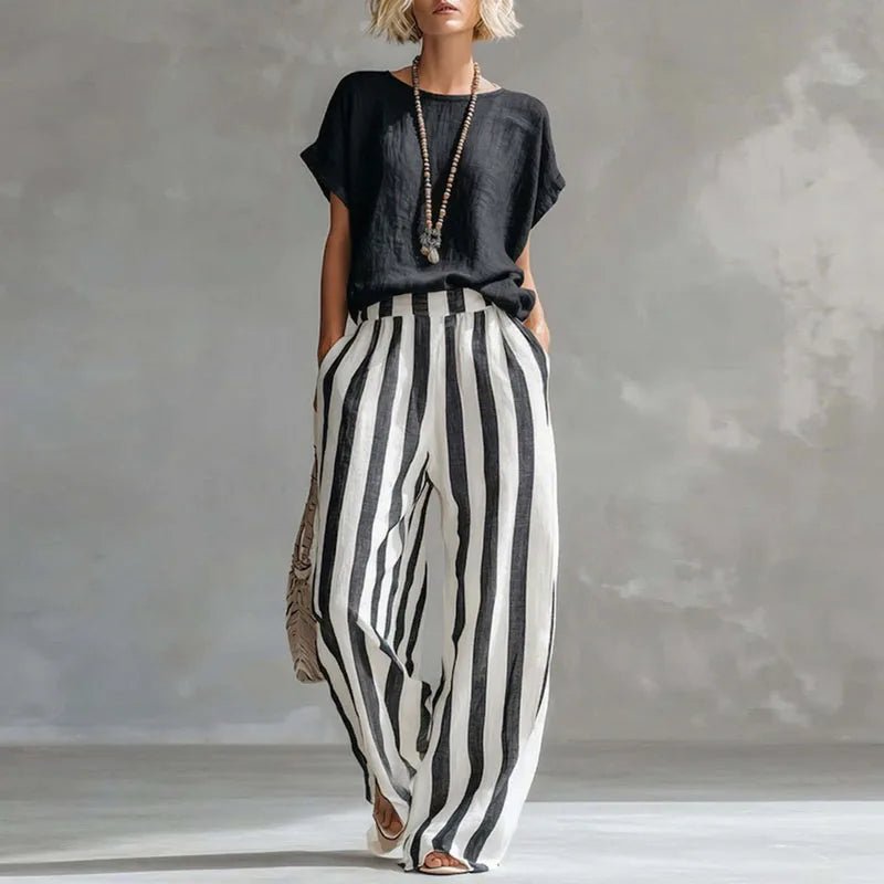 Women's Summer Two Piece Set | Plain Top, Striped Leg