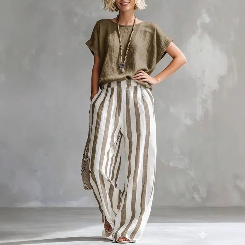 Women's Summer Two Piece Set | Plain Top, Striped Leg