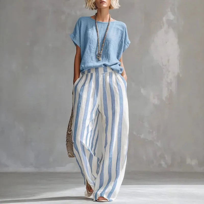 Women's Summer Two Piece Set | Plain Top, Striped Leg