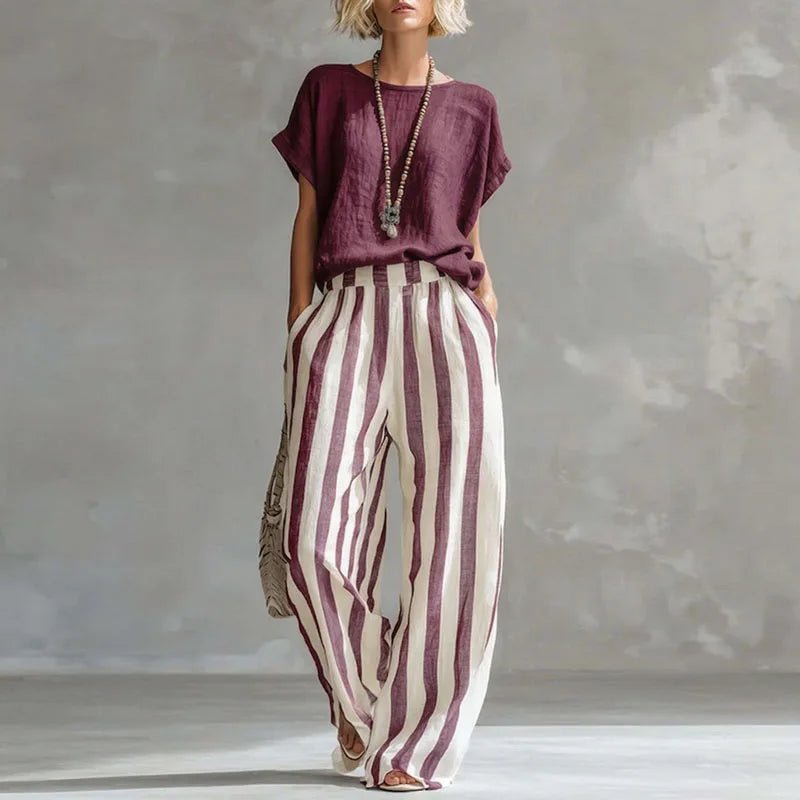 Women's Summer Two Piece Set | Plain Top, Striped Leg