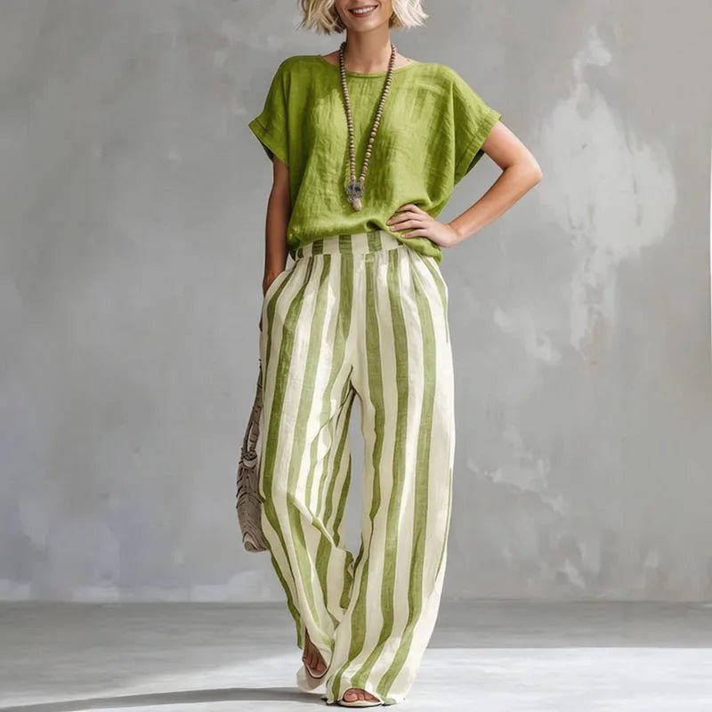 Women's Summer Two Piece Set | Plain Top, Striped Leg