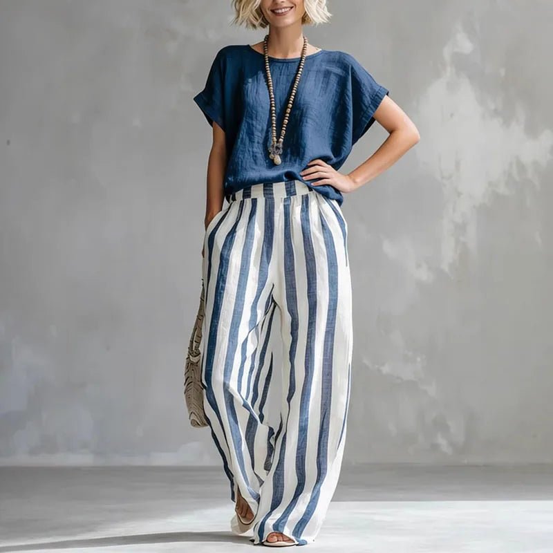 Women's Summer Two Piece Set | Plain Top, Striped Leg