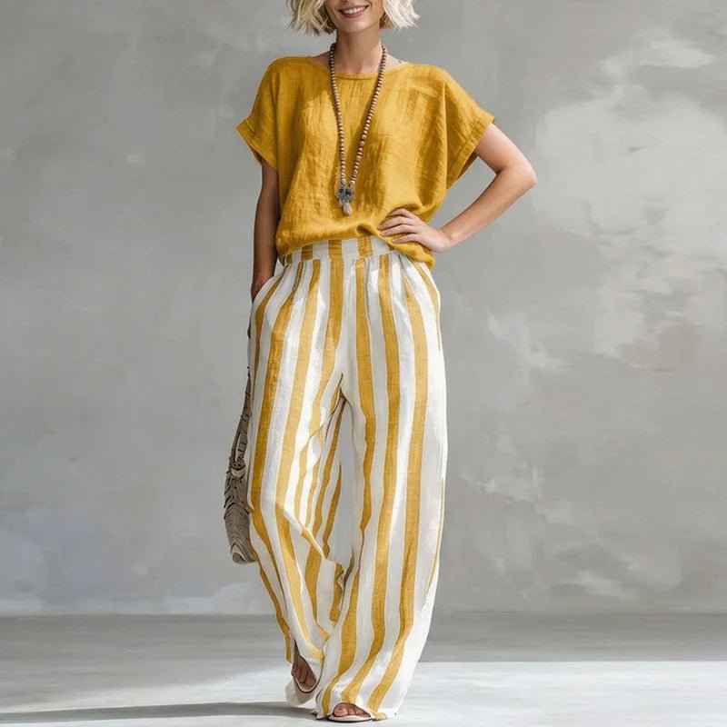 Women's Summer Two Piece Set | Plain Top, Striped Leg