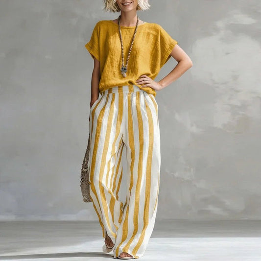 Women's Summer Two Piece Set | Plain Top, Striped Leg